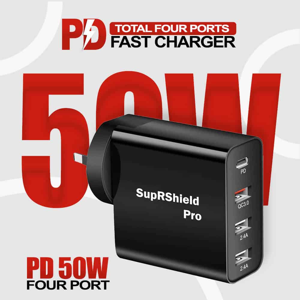 SupRShield 50W SAA Certified PD USB Type C Fast Charging Charger Multi 4 Ports USB-C QC3.0 Power Wall Plug Travel Power Adapter SupRShield 50W SAA Certified PD USB Type C Fast Charging Charger Multi 4 Ports USB-C QC3.0 Power Wall Plug Travel Power Adapter
